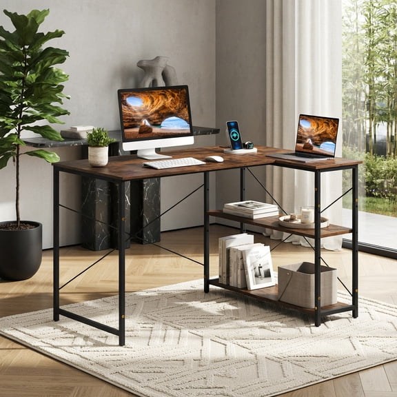 Demi Bonn 47 Inch Reversible L-Shaped Corner Desk, Charging Station, Cross-Shape Reinforcement, with Adjustable Storage Shelves-Rustic Brown
