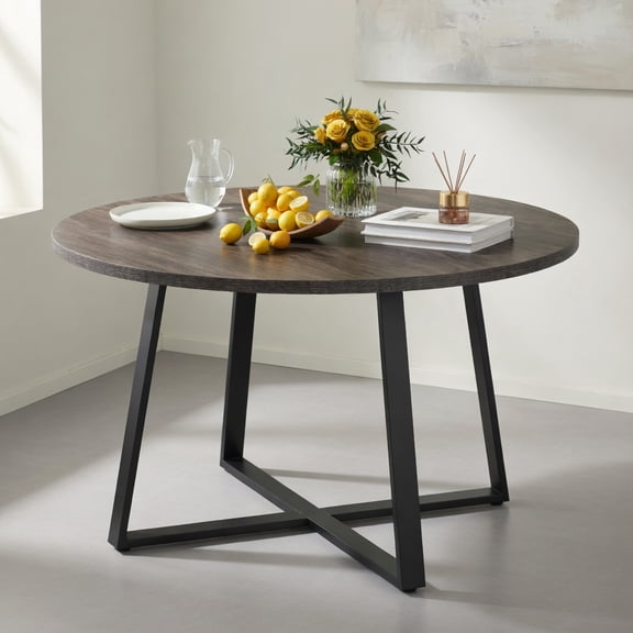 Demi Bonn 47 Inch Round Dining Table with Stable X-shaped Base and Thickened Tabletop, Modern Kitchen Table for Dining Room Living Room, Anti-Tip & Rounded Corner, Gray Oak and Black