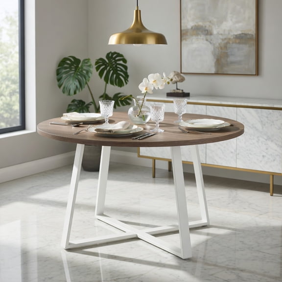 Demi Bonn 47 Inch Round Dining Table with Stable X-shaped Base and Thickened Tabletop, Modern Kitchen Table for Dining Room Living Room, Anti-Tip & Rounded Corner, Natural and White