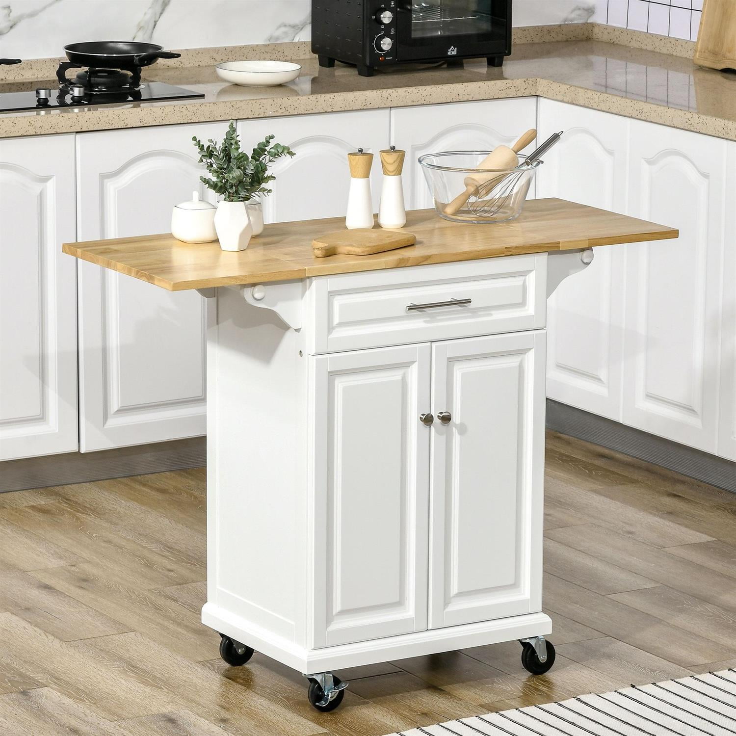 Demi Bonn 47" Kitchen Island with Drop Leaf Design, Trolley Cart & Wheels, Drawer Cabinet & Towel Rack, Natural Wood Top & White Finish for Modern Homes