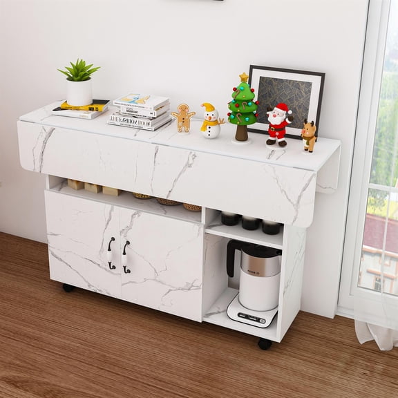 Demi Bonn 47" Kitchen Islands with Storage Shelves and Wheels, Foldable Dining Table for Small Spaces, Compact Desk for Dining Room, White