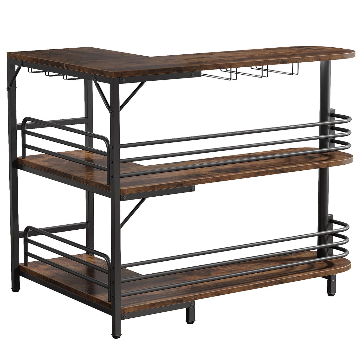 Demi Bonn 47" L-Shaped Bar Unit, 3 Tier Liquor Bar Table Cabinets with Wine Glasses Holder, Pub Tables for Kitchen, Dining Room, Brown