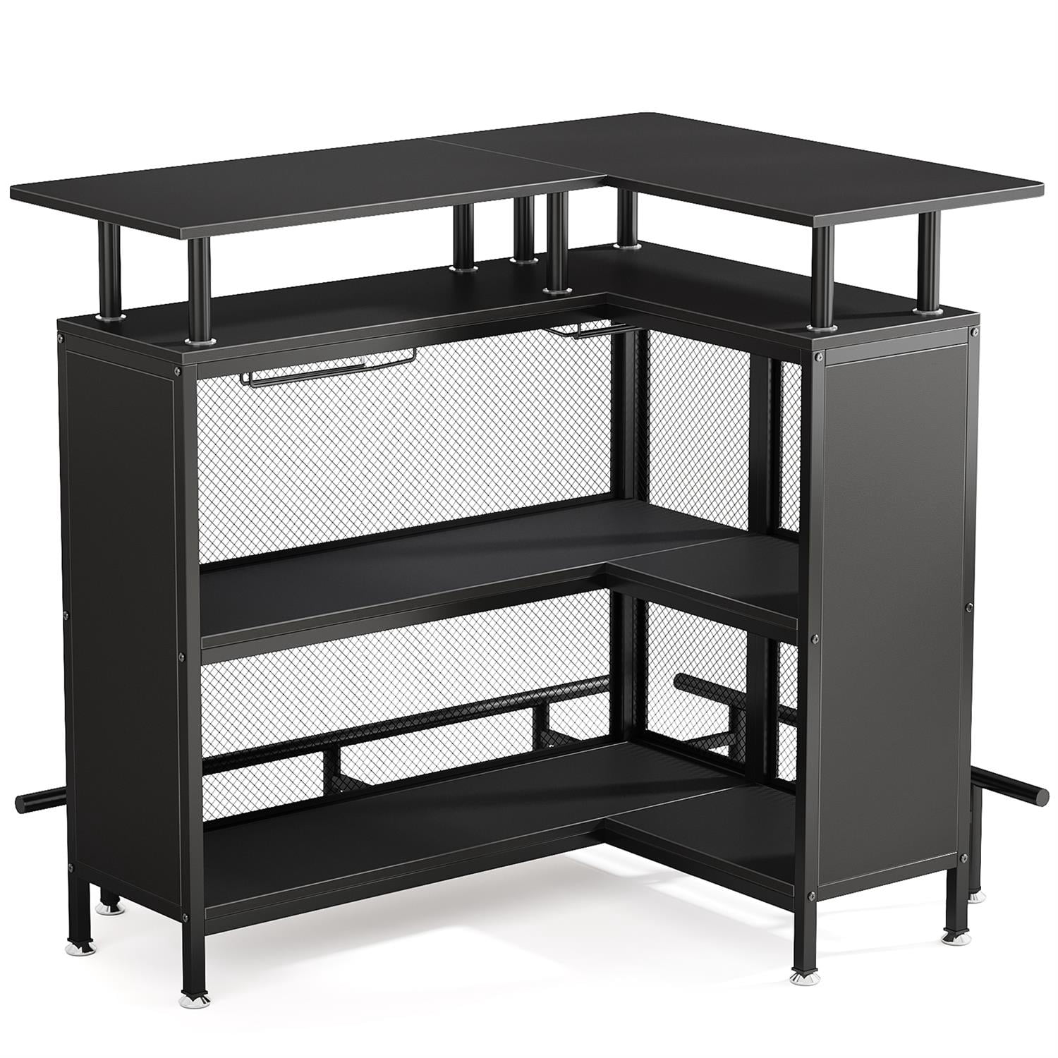 Demi Bonn 47" L-Shaped Home Bar Unit, Liquor Bar Table Cabinets with Glasses Holders & Shelves, Pub Tables for Kitchen, Dining Room, Black