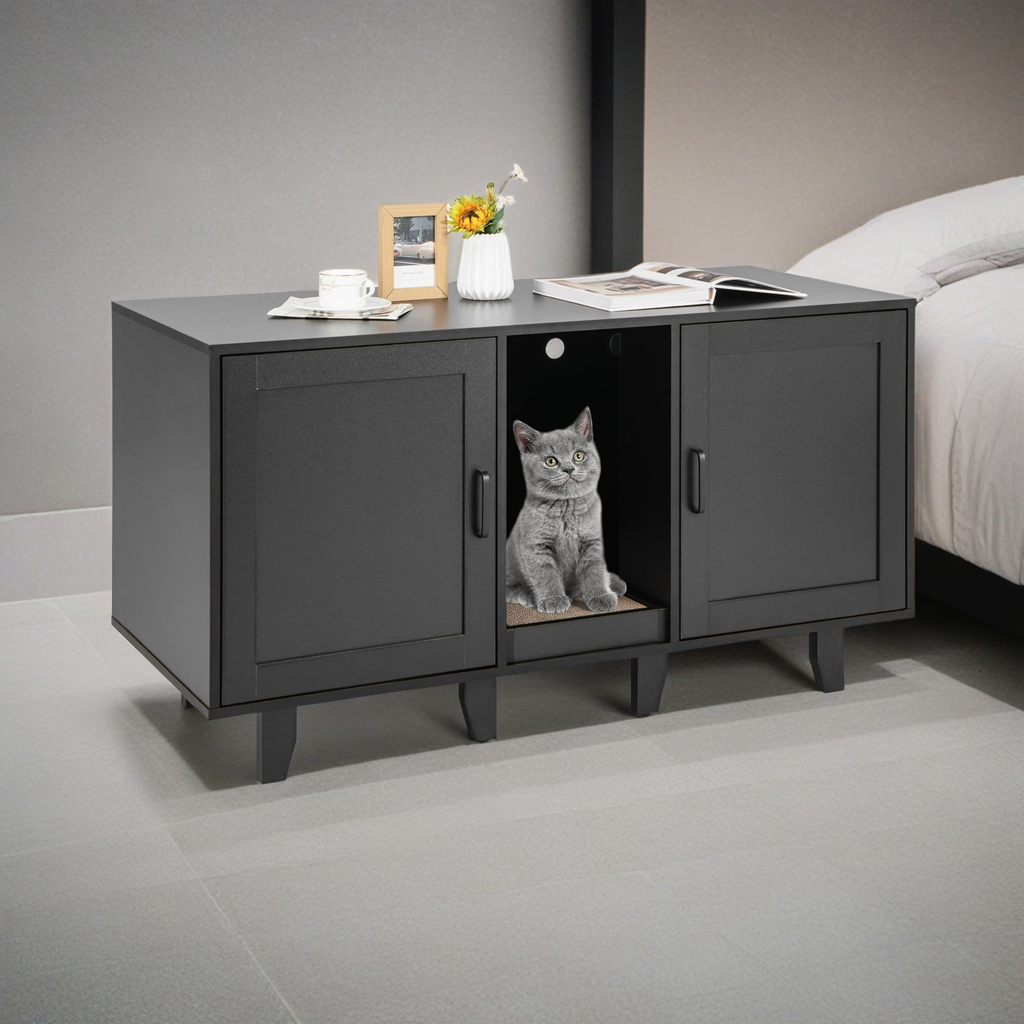 Kadyn 47" Litter Box Enclosure for 2 Litter Boxes, Hidden Cat Washroom with 2 Cabinet House, Scratching Board, Indoor Cat Litter Furniture, Black