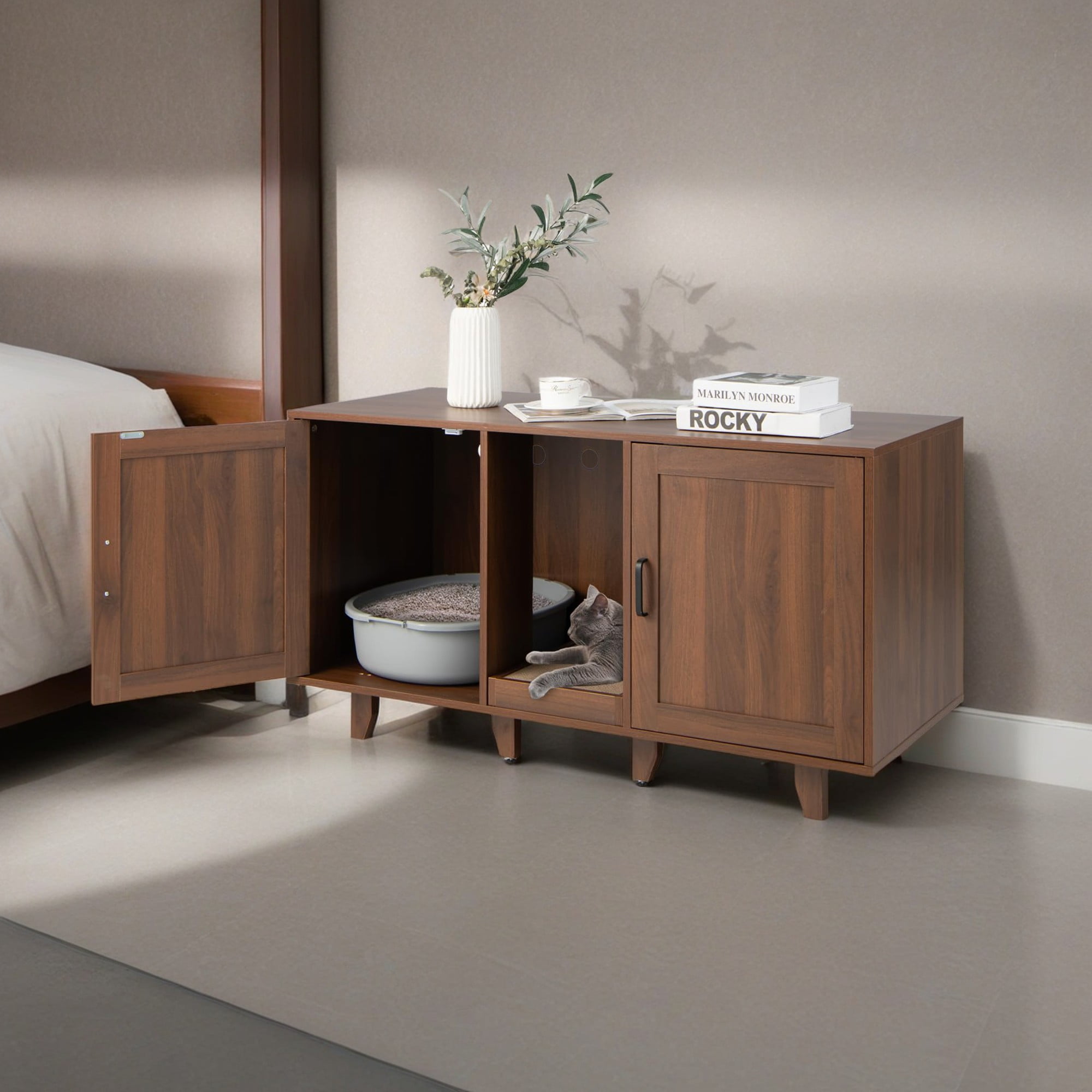 resenkos 47" Litter Box Enclosure for 2 Litter Boxes, Hidden Cat Washroom with 2 Cabinet House, Scratching Board, Indoor Cat Litter Furniture, Brown