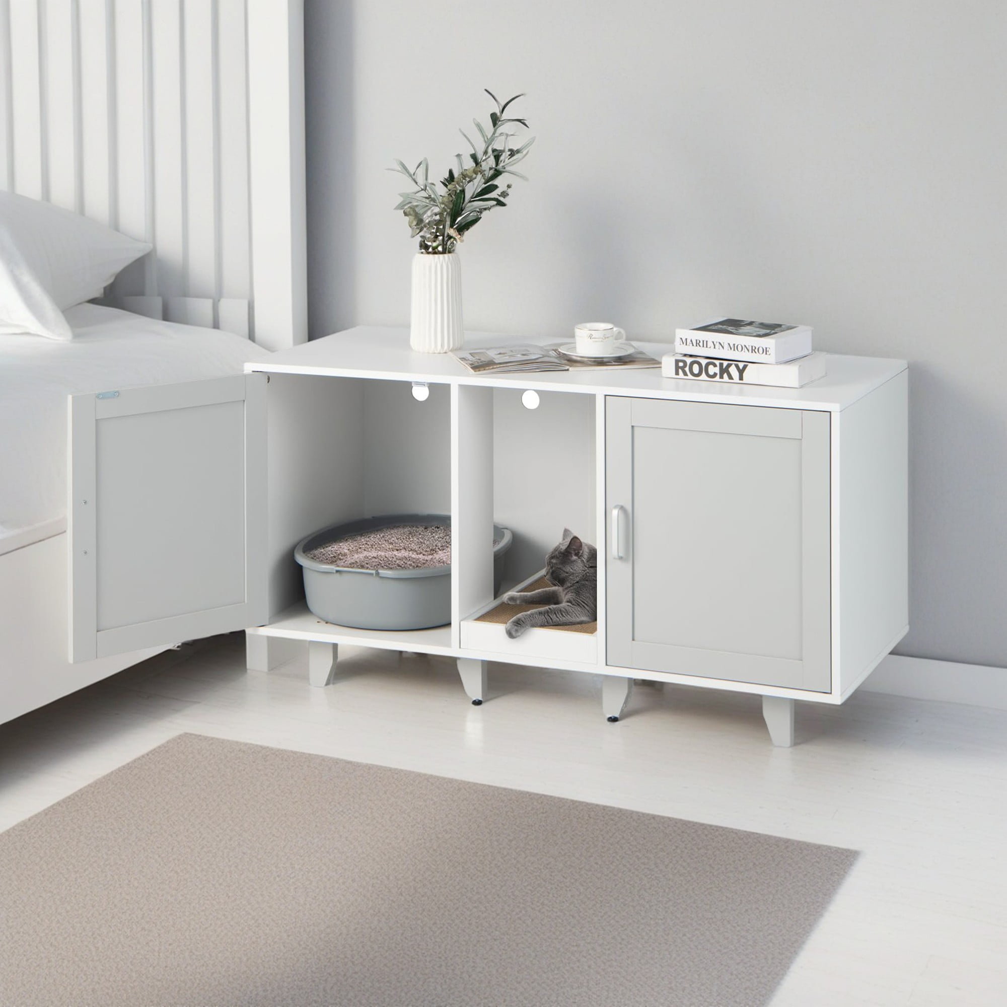 resenkos 47" Litter Box Enclosure for 2 Litter Boxes, Hidden Cat Washroom with 2 Cabinet House, Scratching Board, Indoor Cat Litter Furniture, Gray