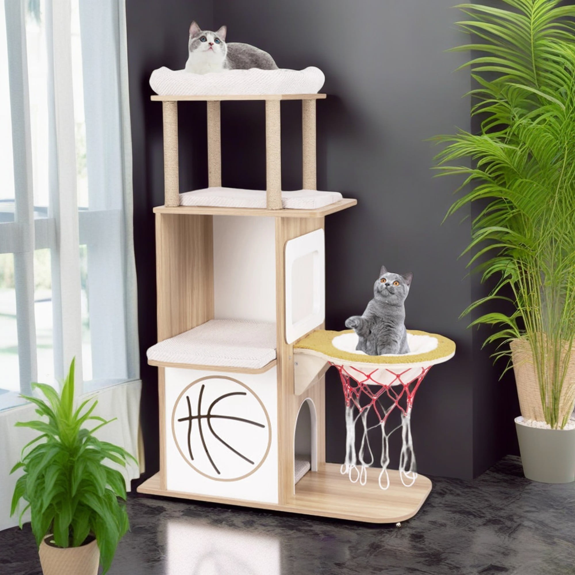 Kadyn 47" Modern Cat Tree Tower for Large Cat, Wood Cat Condo Heavy Duty with Scratch Post for Indoor Cats, Cat Tree House for Kittens, Beige