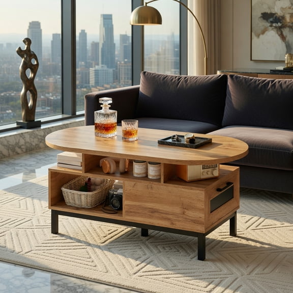Demi Bonn 47" Oval Coffee Table - Storage & Open Compartments, 5-Leg Support, Natural & Black