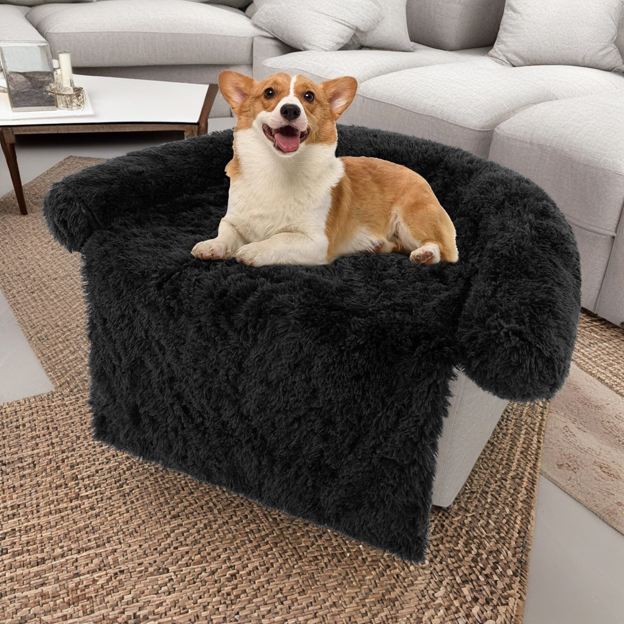 Kadyn 47" Plush Long Fur Dog Couch Bed, Dog Bed Mats with Anti-Slip Bottom, Washable Removable Couch Cover, Perfect for Medium and Large Dogs Cats, Black-L