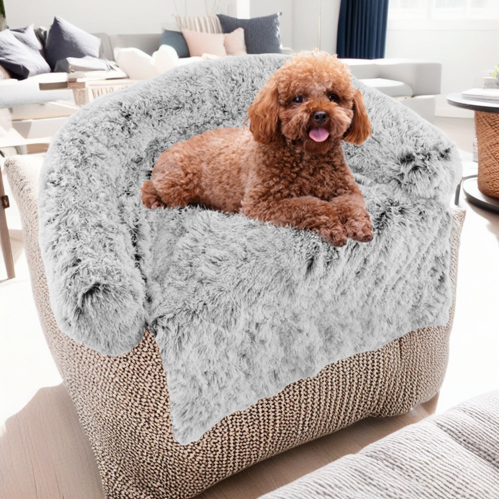 Kadyn 47" Plush Long Fur Dog Couch Bed, Dog Bed Mats with Anti-Slip Bottom, Washable Removable Couch Cover, Perfect for Medium and Large Dogs Cats, Gray-L