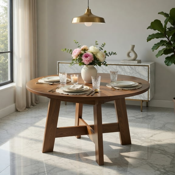 Demi Bonn 47" Round Dining Table for 4-6 People, Modern Walnut Finish Kitchen Table with Reinforced Cross Brace, Sturdy MDF Construction, Easy Assembly, Brown