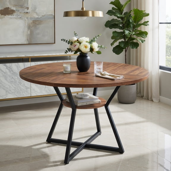 Demi Bonn 47" Round Dining Table for 4 with Storage Shelf, Large Kitchen Table for Dining Room Living Room Restaurant, Sturdy Base & Easy Clean Surface, Brown and Black