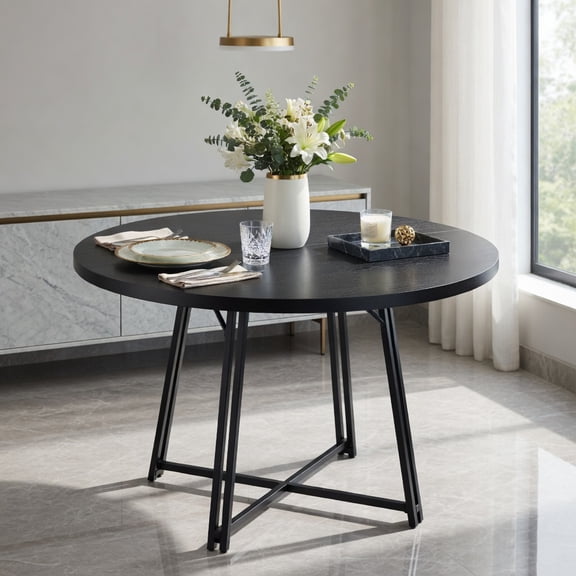 Demi Bonn 47" Round Dining Table,Cross Base 8 Metal Legs,Adjustable Pads,Black