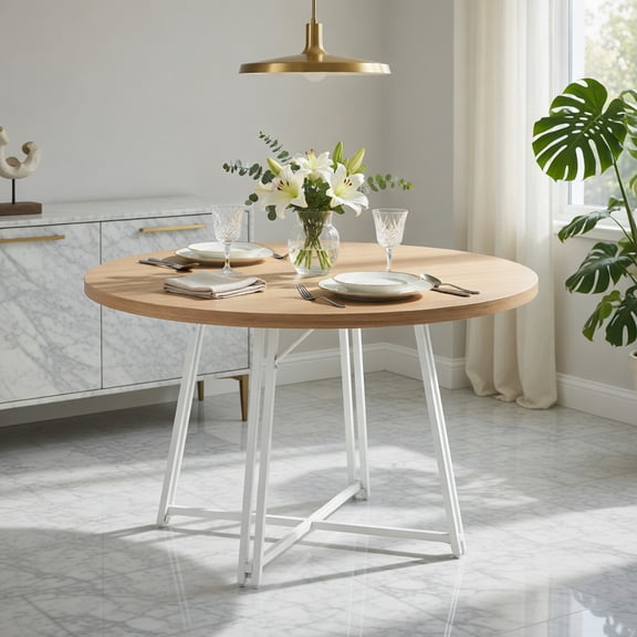 Demi Bonn 47" Round Dining Table,Cross Base 8 Metal Legs,Adjustable Pads,Natural