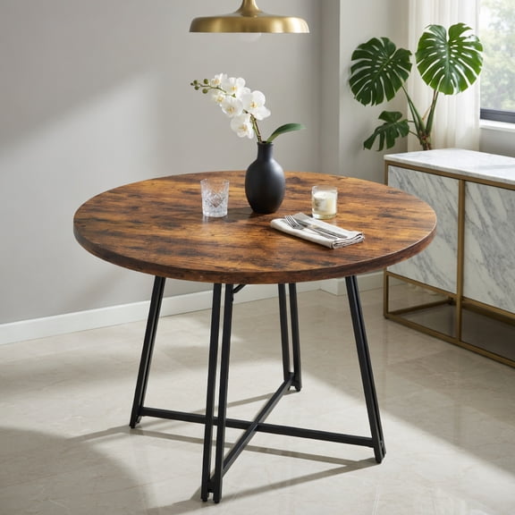 Demi Bonn 47" Round Dining Table,Cross Base 8 Metal Legs,Adjustable Pads,Rustic Brown