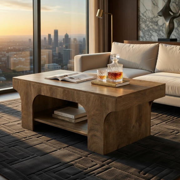 Demi Bonn 47" Rustic Farmhouse Coffee Table, 2-Tier Wood-Grain Living Room Center Table with Open Storage & Modern Farmhouse Style, Brown