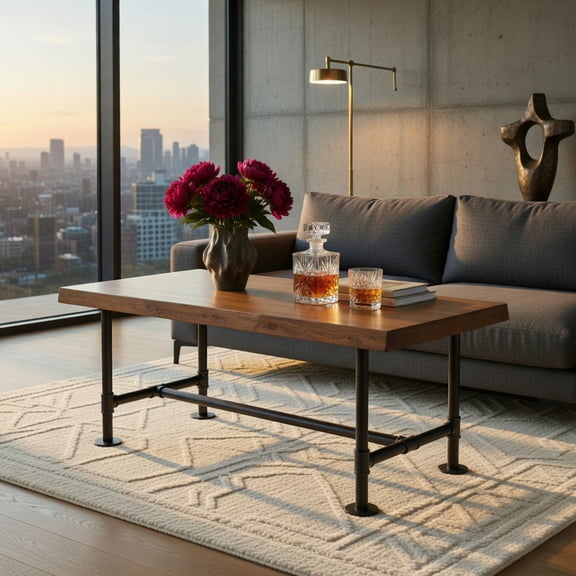Demi Bonn 47" Rustic Live Edge Pine Wood Coffee Table with Industrial Black Metal Legs, Farmhouse & Modern Living Room Center Table, Brown