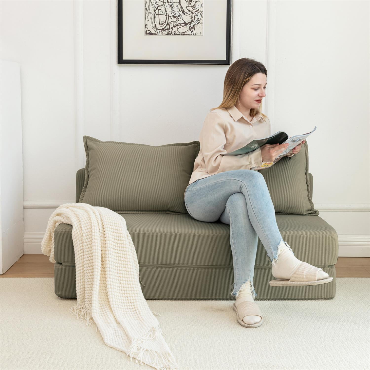 Demi Bonn 47" Twin Size Foldable Sofa Bed Sleeper Lounge Chair with Pillow, Convertible Floor Mattress Couch with Adjustable Backrest for Living Room, Dorm, Green