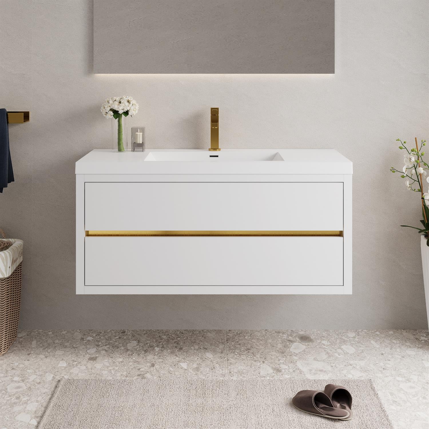 Demi Bonn 47" Wall-Mounted Bathroom Vanity with Sink, Stone Resin Countertop and 2 Soft Close Drawers, Faucets and Drains Not Included, White