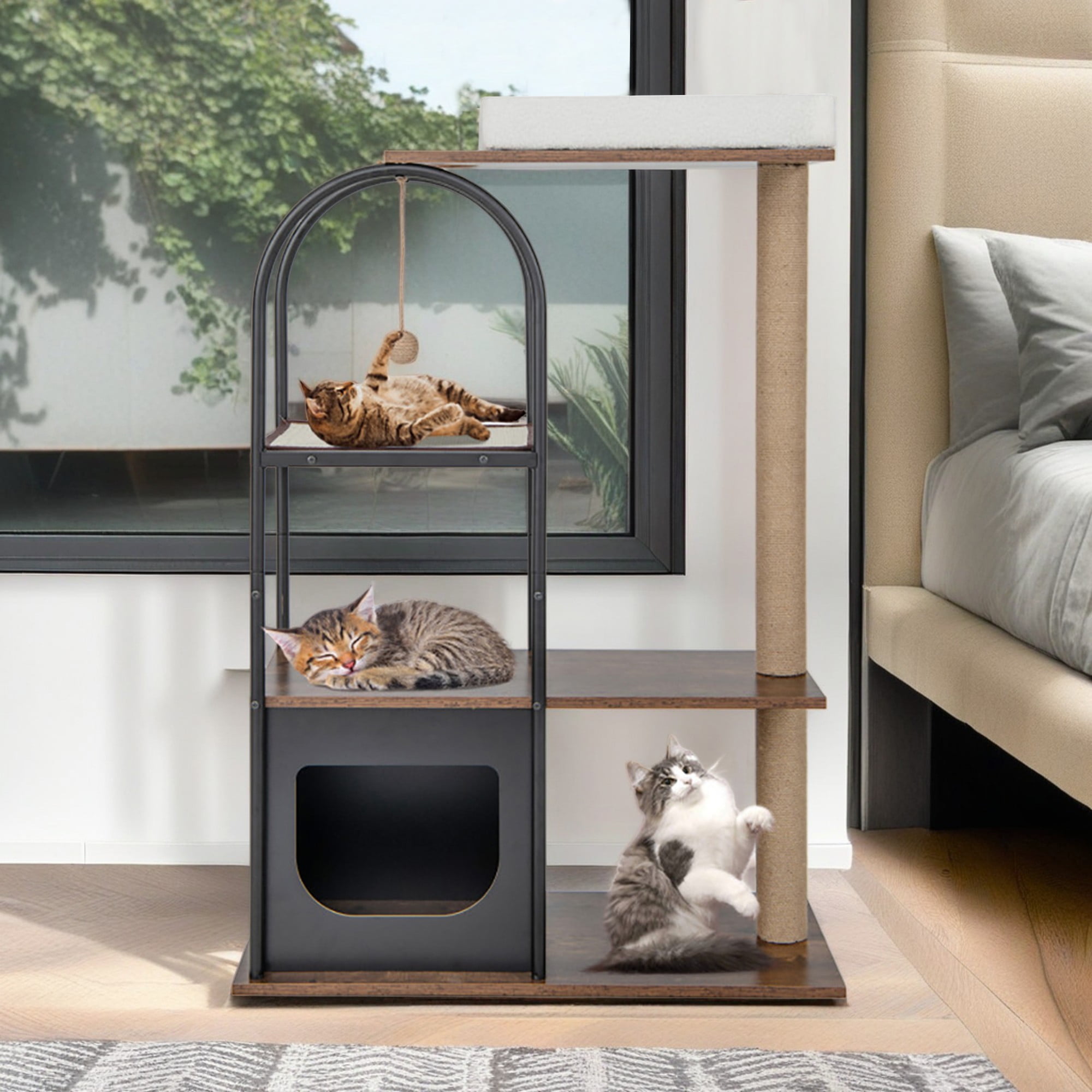 Kadyn 47" Wood Cat Tree Tower Furniture, Cat Condo with Metal Frame, Scratch Post for Kittens Cat Tree House, Black