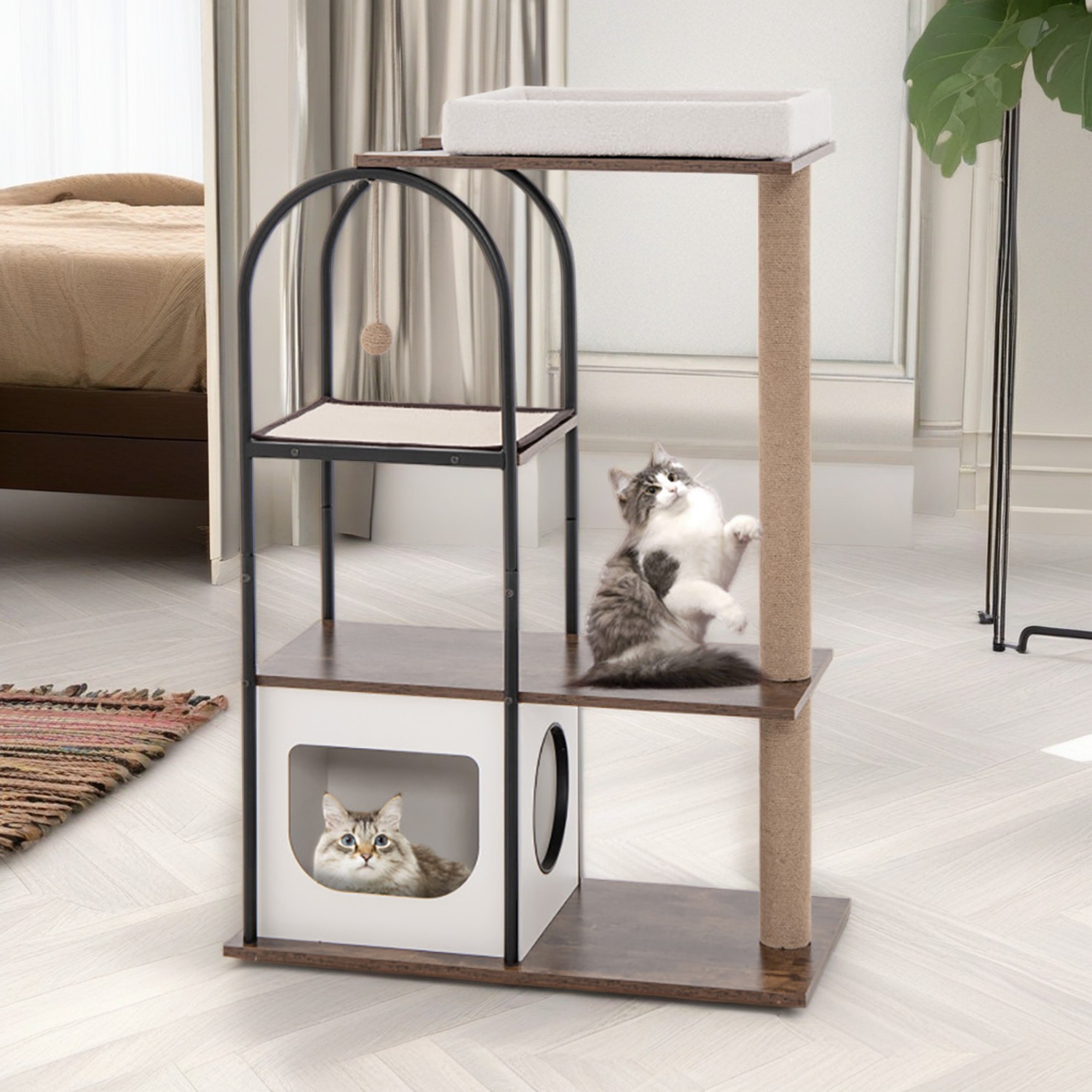 resenkos 47" Wood Cat Tree Tower for Indoor Cats, Multi-Level Cat Condo with Scratching Posts, Removable Cat Bed, Cat Tree House, White