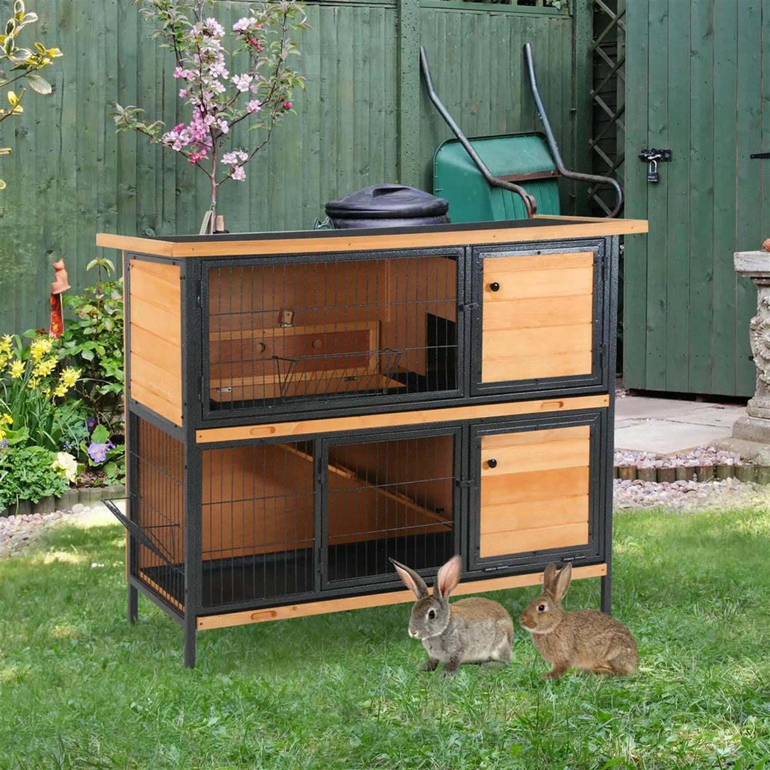 Kadyn 48" 2-Story Wooden Rabbit Hutch with Slide-out Tray, Outdoor Small Animal Habitat Enclosure Bunny Cage for Bunnies, Guinea Pigs, Beige