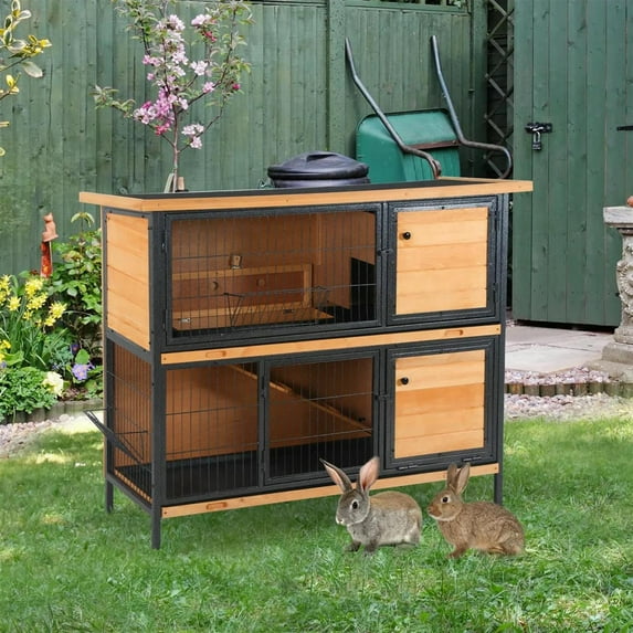 Demi Bonn 48" 2-Story Wooden Rabbit Hutch with Slide-out Tray, Outdoor Small Animal Habitat Enclosure Bunny Cage for Bunnies, Guinea Pigs, Beige