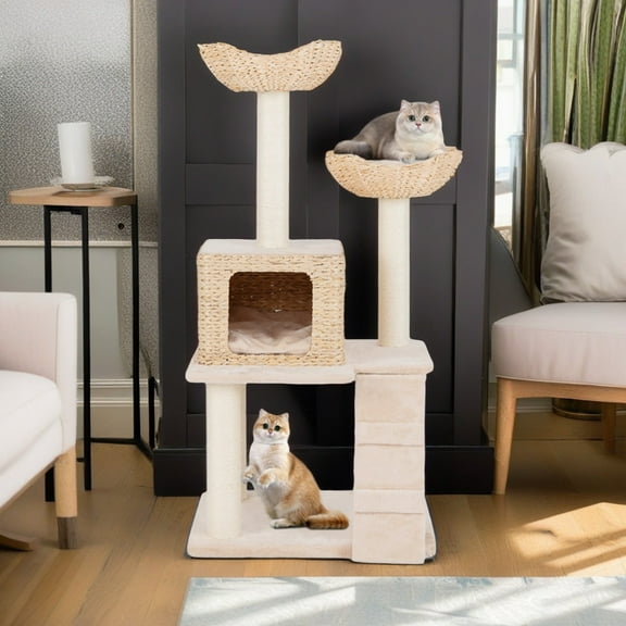 Demi Bonn 48" Cat Tree Tower for Indoor Cats, Cat Condo for Large Cats, Modern Cat Tree House Manual Hand Woven with Sisal, Cat Scratching Post, Beige