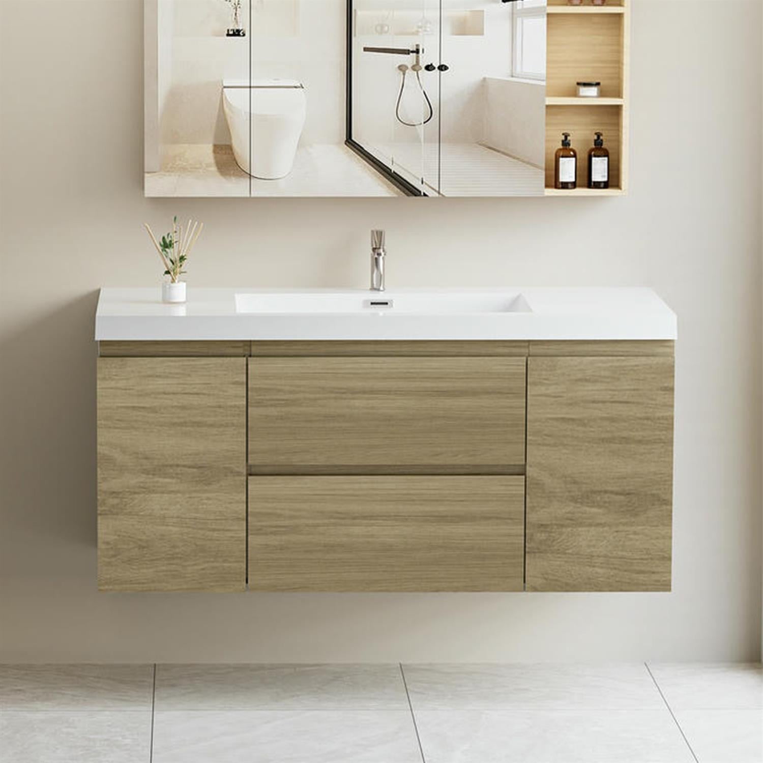 Demi Bonn 48" Floating Bathroom Vanity with Sink, Resin Top Basin and 2 Soft Close Drawers, 2 Storage Cabinet, Faucets and Drains Not Included, Brown