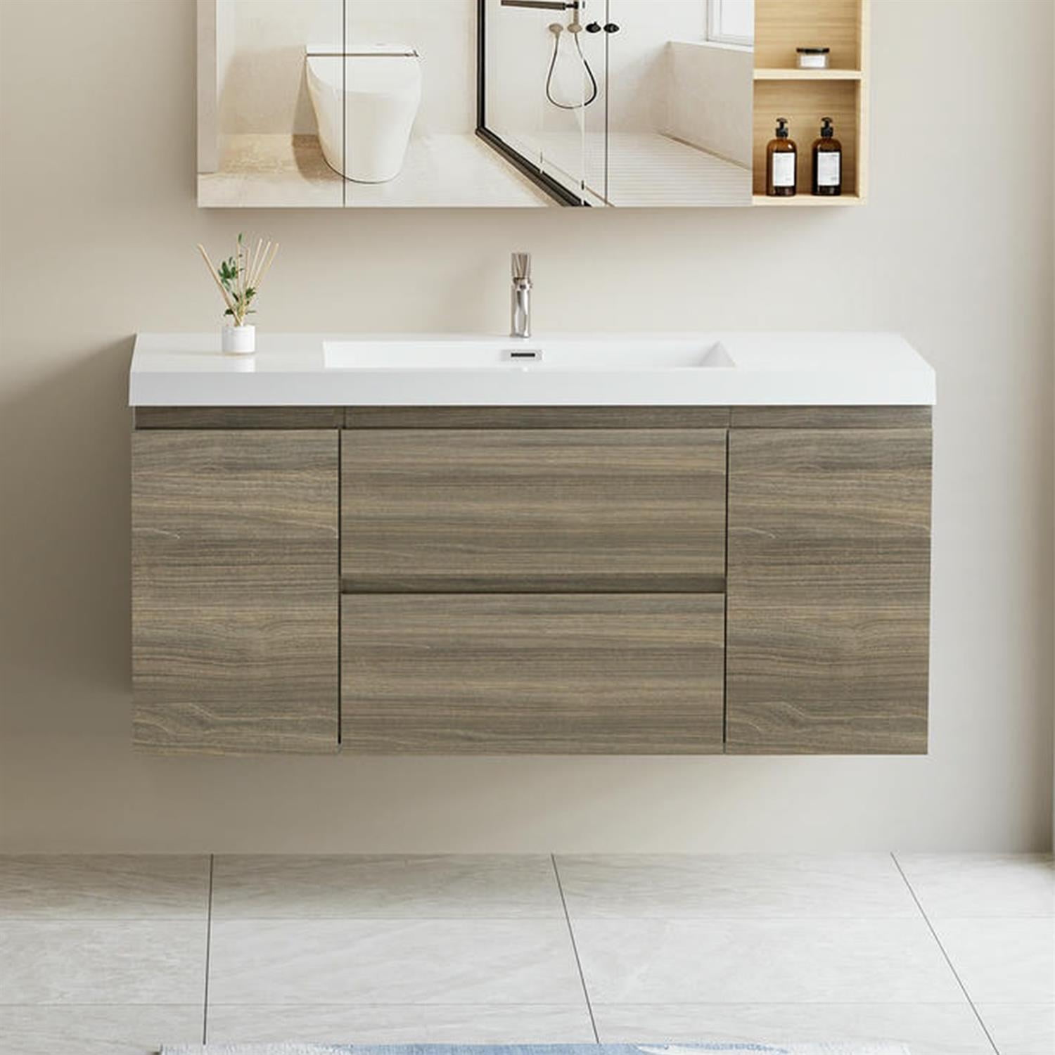 Demi Bonn 48" Floating Bathroom Vanity with Sink, Resin Top Basin and 2 Soft Close Drawers, 2 Storage Cabinet, Faucets and Drains Not Included, Gray