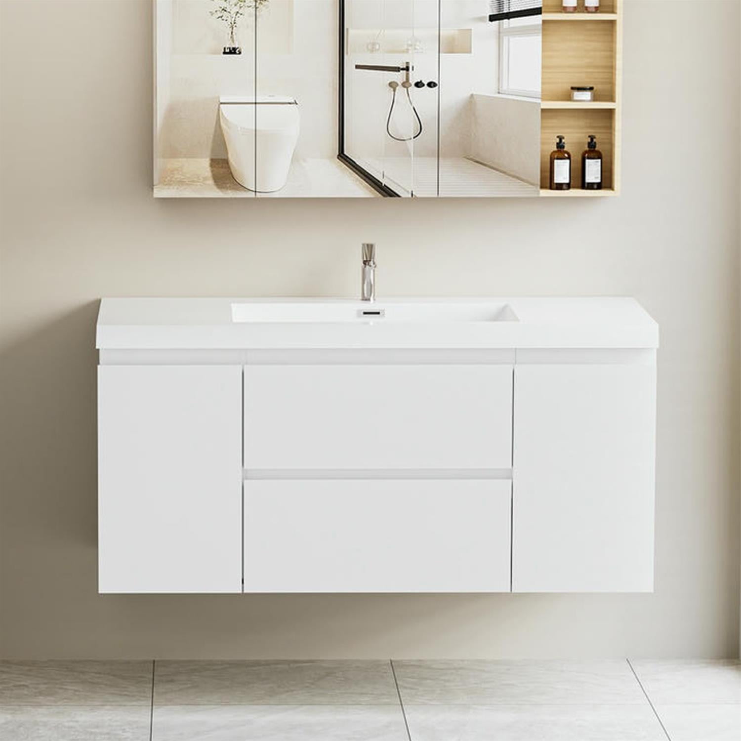 Demi Bonn 48" Floating Bathroom Vanity with Sink, Resin Top Basin and 2 Soft Close Drawers, 2 Storage Cabinet, Faucets and Drains Not Included, White