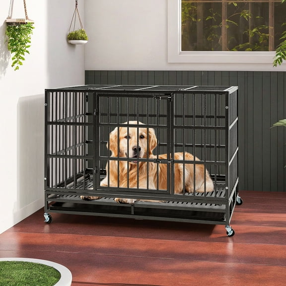 Demi Bonn 48" Heavy Duty Metal Dog Crate, Large Dog House Indoor for Dogs, Escape Proof Dog Cage Kennel with Removable Tray and Wheels, Black