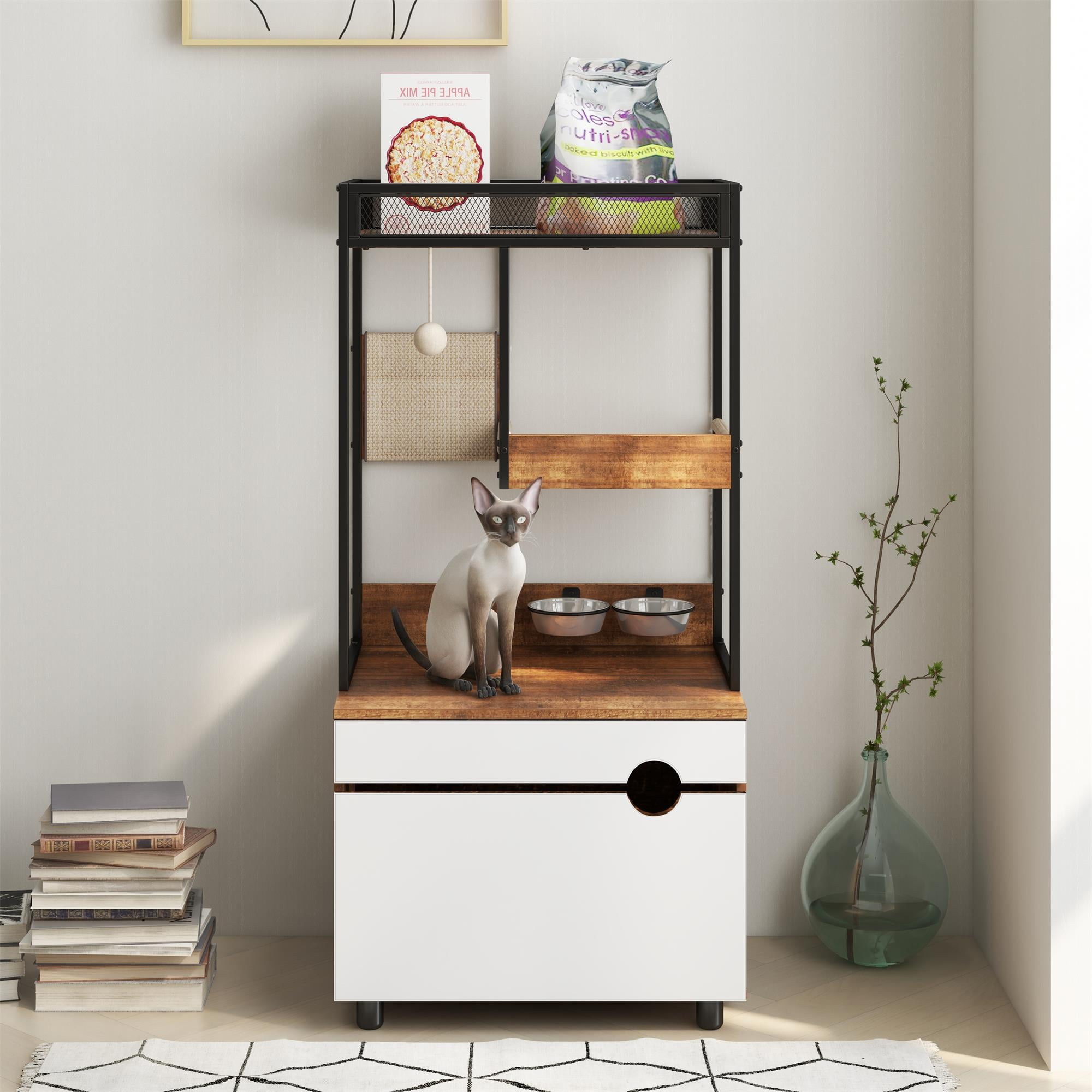 resenkos 48" Hidden Cat Litter Box Enclosure Furniture with Cat Tree Tower, Iron and Wood Structure Privacy Cat House Washroom, Brown