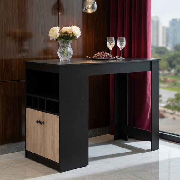 Demi Bonn 48 Inch Bar Table, Storage Cabinet with Wine Rack, Modern Home Bar Dining Table, Black