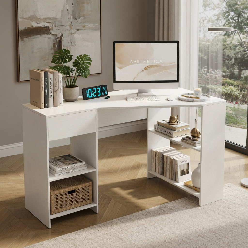 Demi Bonn 48 Inch L Shaped Corner Executive Computer Desk, Smooth Metal Slides, Protective Foot Pads, with Drawer-White