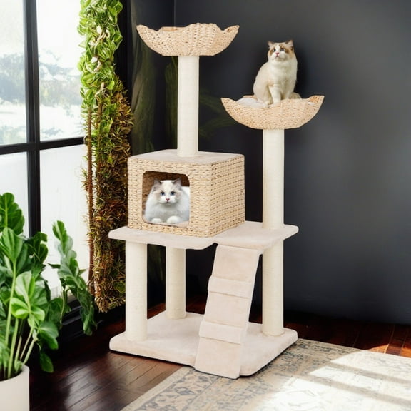 Demi Bonn 48" Modern Cat Tree Tower for Indoor Cats w/Natural Sisal Scratching Posts, Hand-Woven Condo and Top Perch, Cat Tree House for Kittens Climb Play, Beige