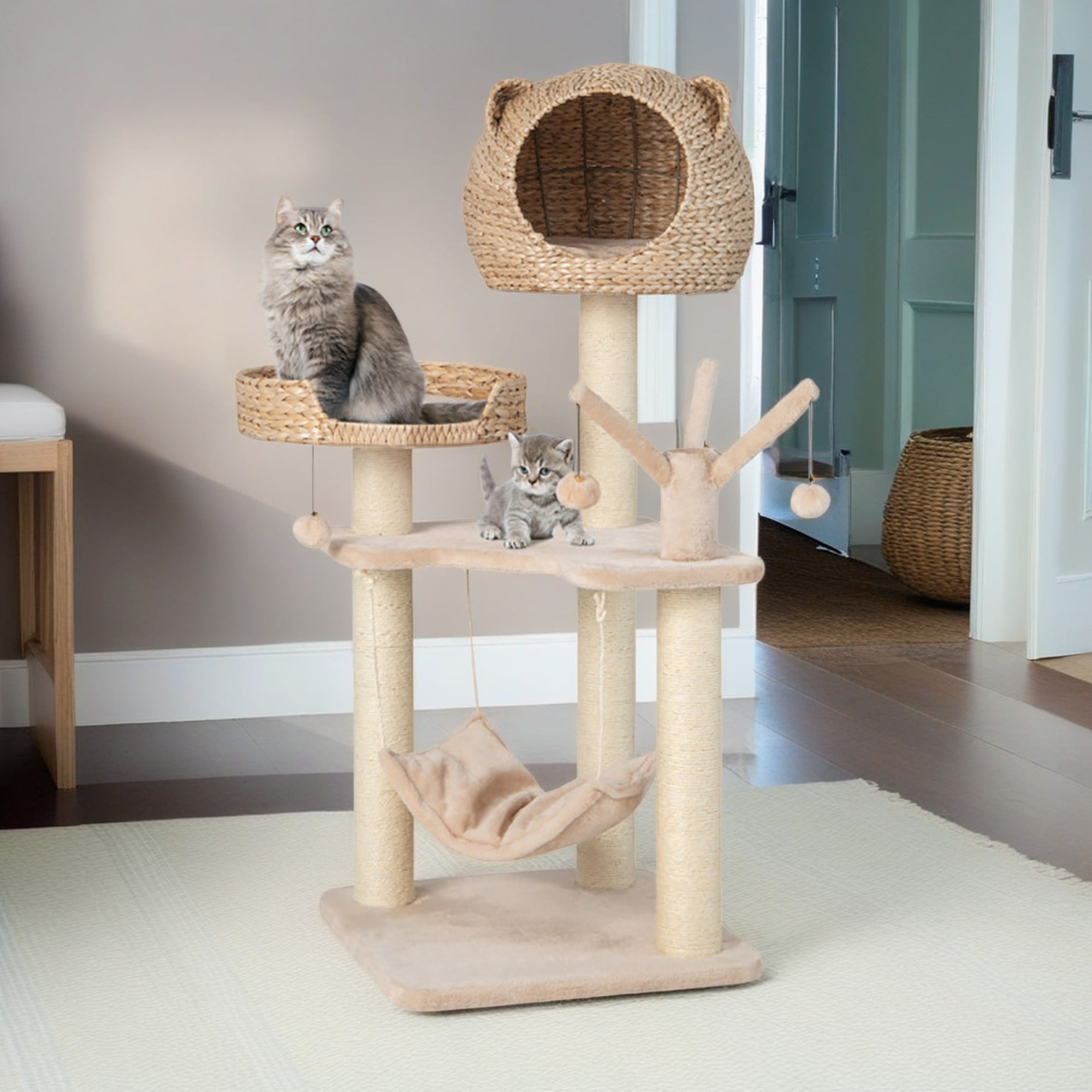 resenkos 48" Multi-level Cat Tree Tower with Hammock for Indoor Cats, Featuring with Cat Condo for Kittens and Cats, Beige