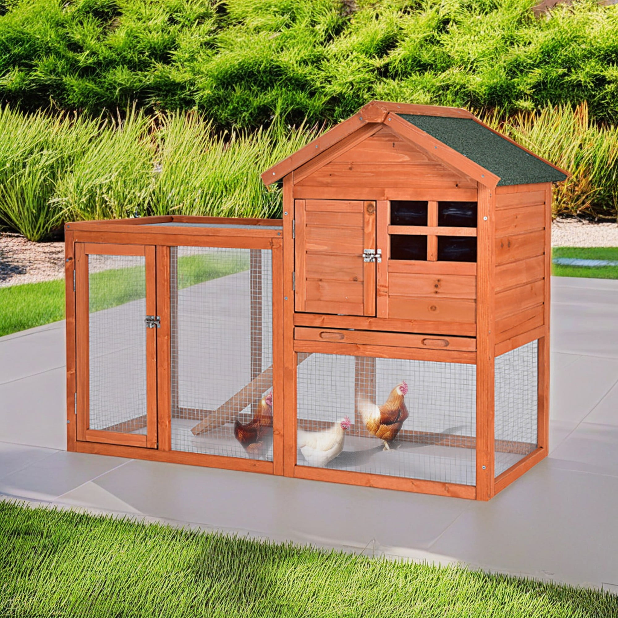 Kadyn 48" Wood 2 Tier Chicken Coop Habitat, Rabbit Hutch for Outdoors, Indoor Guinea Pig Coop Pet House with Stairs, Orange