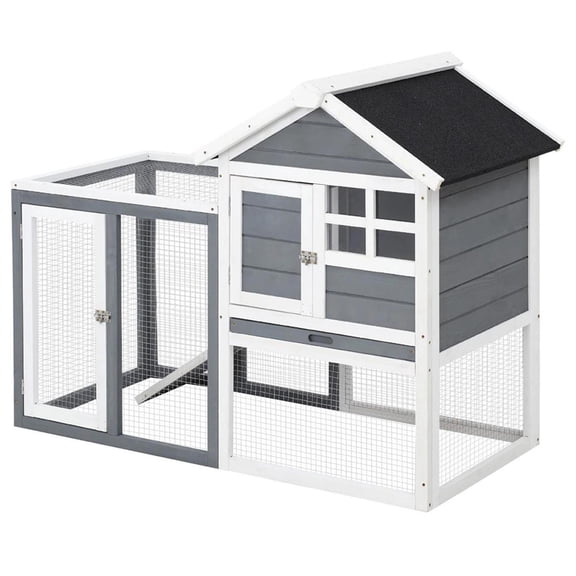 Demi Bonn 48" Wooden Outdoor Bunny Rabbit Hutch with Waterproof Asphalt Roof, Removable Tray & Ramp Garden Backyard Pet House Chicken Coop, Gray
