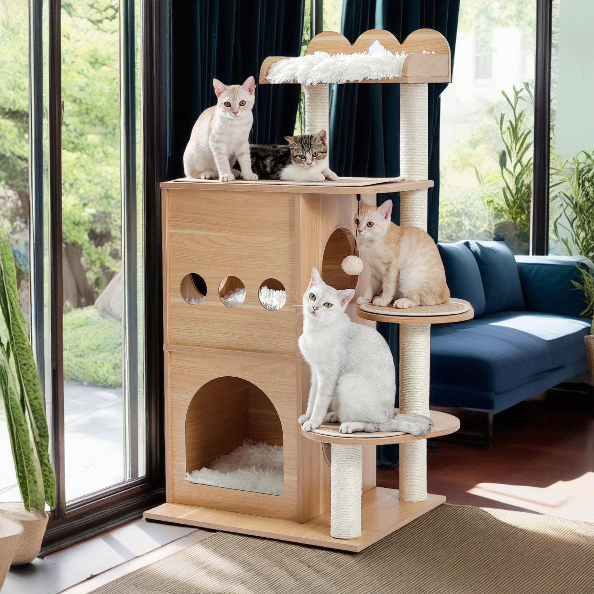 Kadyn 49" Cat Condo for Multiple Cats Wood Cat Tree Modern Cat Tower Kitten Large Space Capsule Nest Cat Bed, Beige