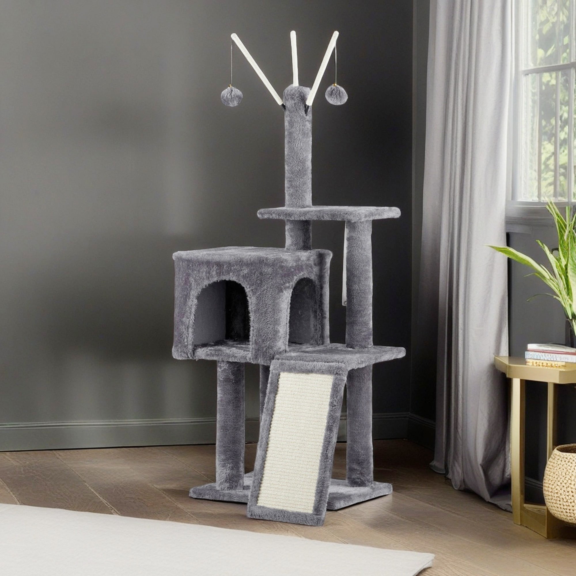 resenkos 49" Cat Tree Tower for Indoor Cats, Cat House with Padded Platform Bed, Toy Balls, Large Cozy Condo, Sisal Scratching Board, Gray