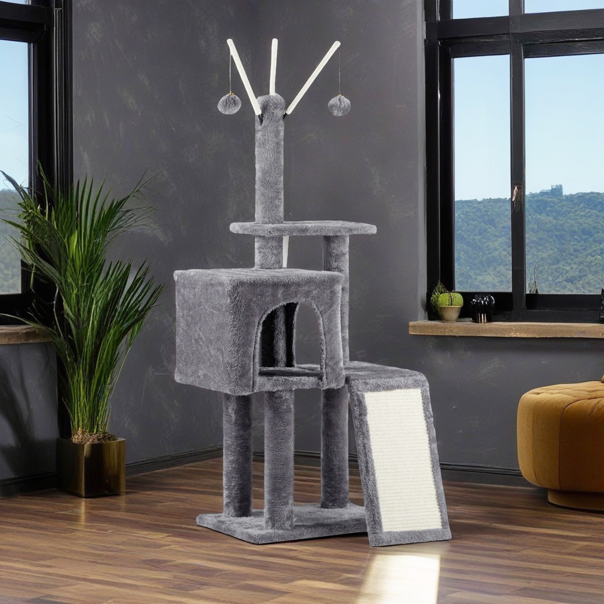 resenkos 49" Cat Tree Tower for Indoor Cats, Large Cozy Cat Condo with Padded Platform Bed, Toy Balls, Scratch Board, Gray