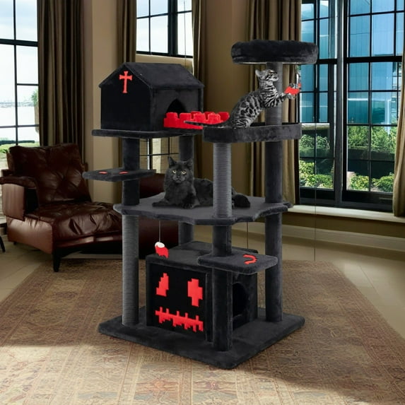 Demi Bonn 49" Gothic Cat Tree Tower with Coffin Bed, Cat Tree House with Scratching Post and Cat Condo, for Small Medium Cats, Black
