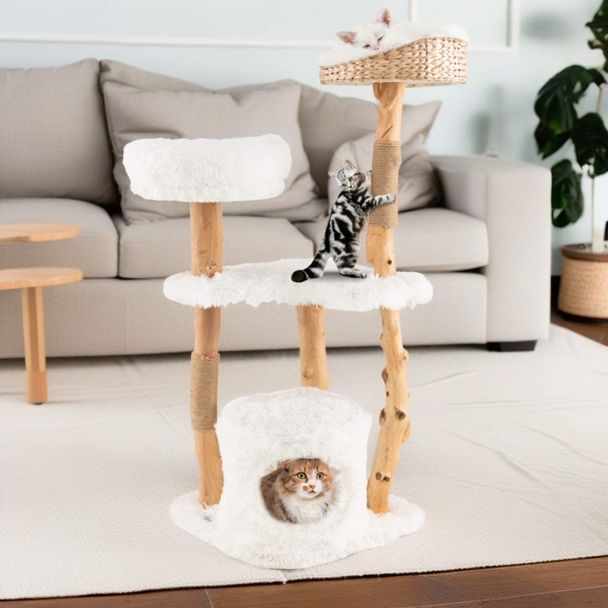 Kadyn 49" Modern Cat Tree Tower for Indoor Cats with Perch, Cat Condo, Solid Wood Cat Tree House with Scratching Posts for Large Cats, White