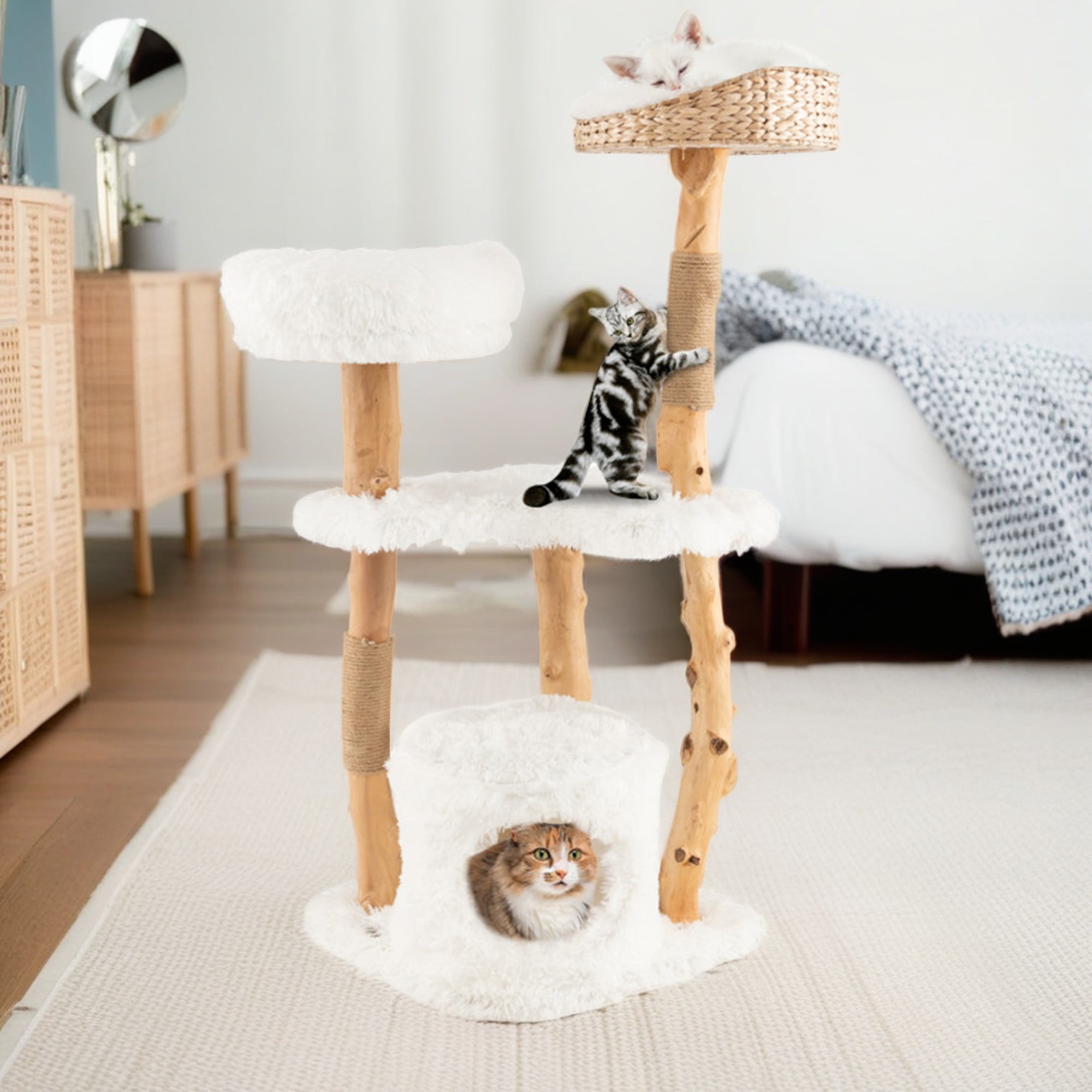 resenkos 49" Solid Wood Cat Tree Tower for Indoor, Modern Cat Condo with Scratching Post, Cat Climbing Tree House Furniture, White
