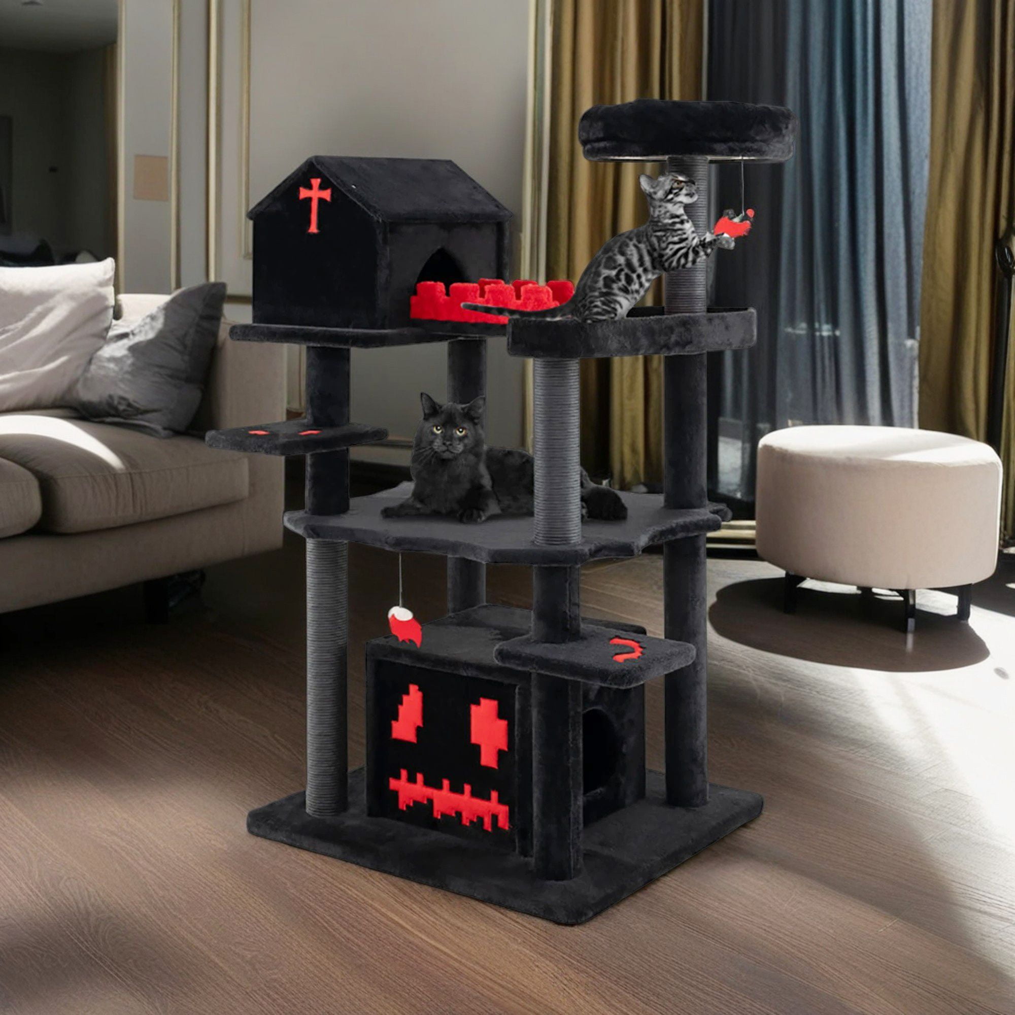Kadyn 49" Tall Gothic Cat Tree for Large Cats, Cat Tower with Sisal Scratching Posts, Coffin Bed, Multi-Level Spooky Cat Condo, Black