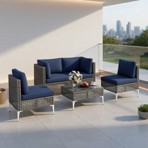 Demi Bonn 5-Piece Outdoor Patio Furniture Set with PE Rattan Sofa, Corner & Armless Chairs, Tempered Glass Coffee Table, Weather-Resistant Backyard Seating, Navy