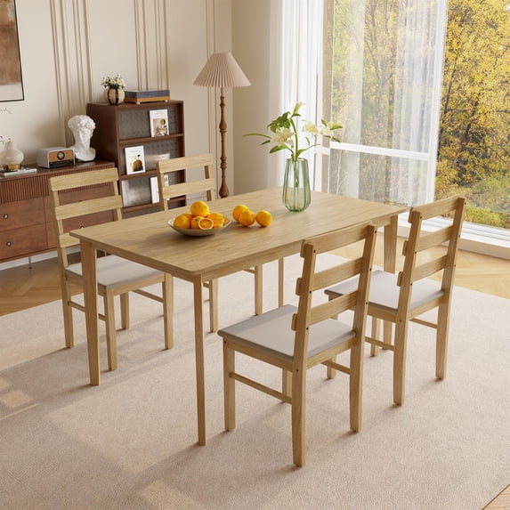 Demi Bonn 5 Pieces Solid Wood Dining Table and Chair Set, Including 1 Rectangle Table and 4 Back Chairs for Dining Room Living Room, Beige