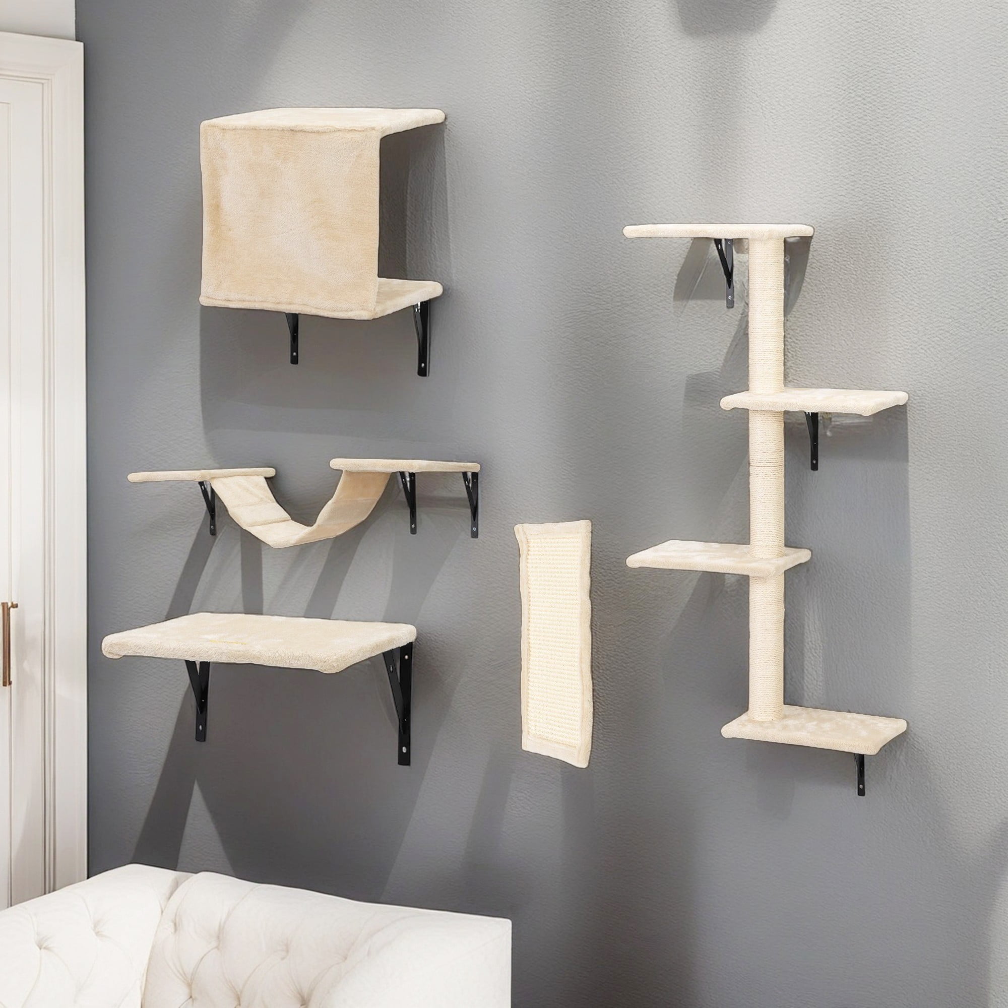 resenkos 5 Set Cat Wall Shelves and Perches, Cat Tower for Adult Cats, Mounted Cat Tree House, Indoor Cat Sleeping Playing Lounging Climbing, Beige