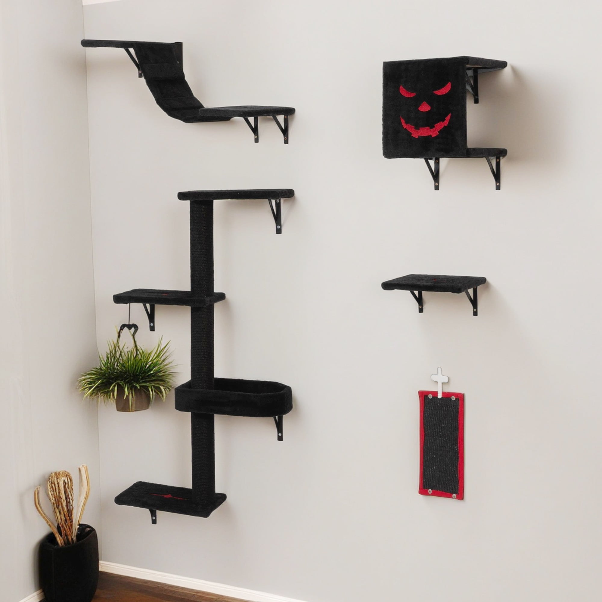 Kadyn 5 Set Cat Wall Shelves and Perches, Cat Tower for Adult Cats, Mounted Cat Tree House, Indoor Cat Sleeping Playing Lounging Climbing, Gothic